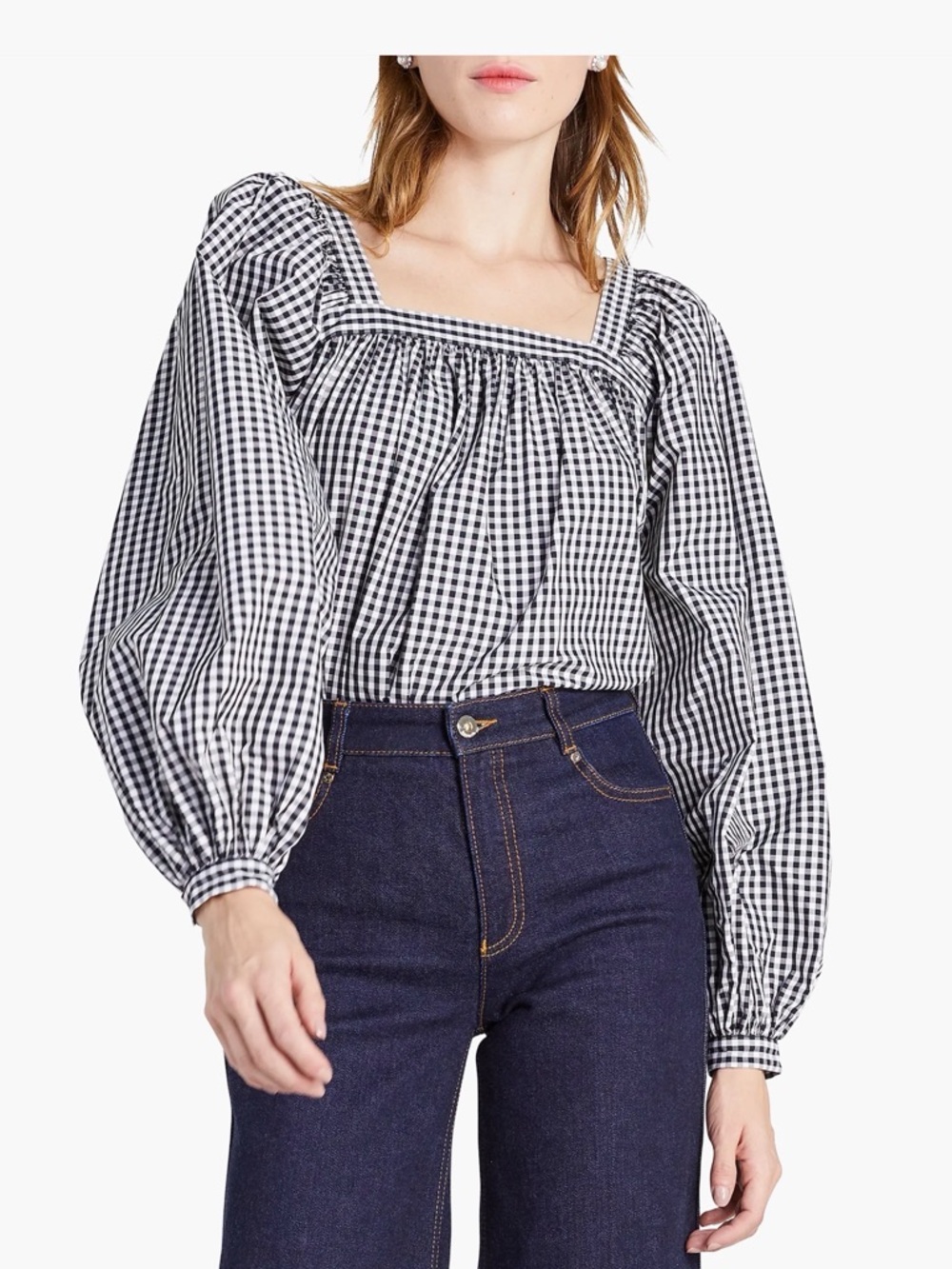 NWT Kate Spade Gingham Square-Neck Puff Sleeve Blouse